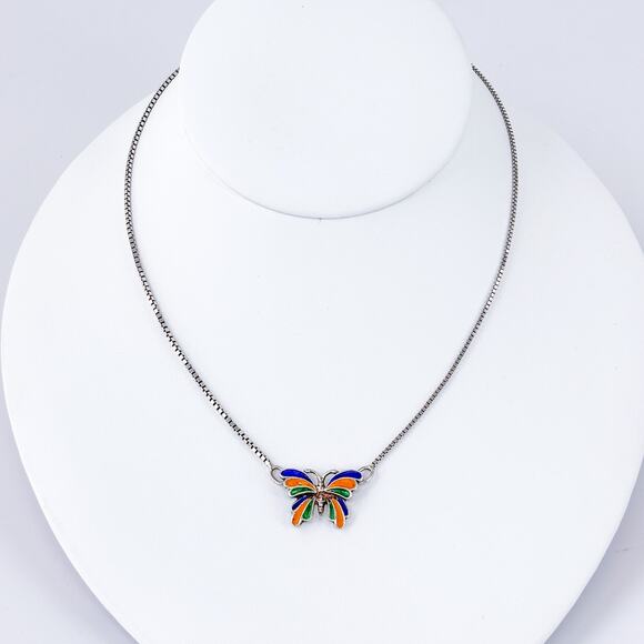 Estate Italy Sterling Silver 925 Enamel Butterfly Pendant Necklace 15.5” - Picture 2 of 5